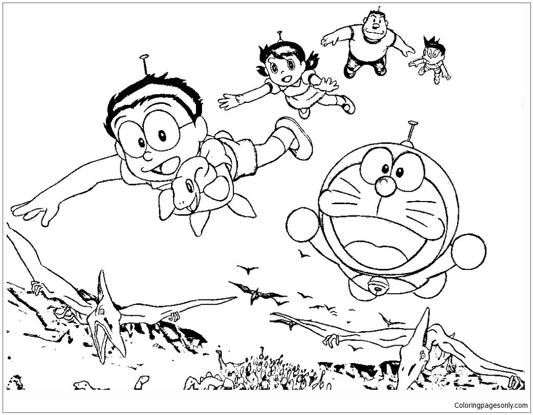 Doraemon en vrienden met dinosaurussen kleurplaat