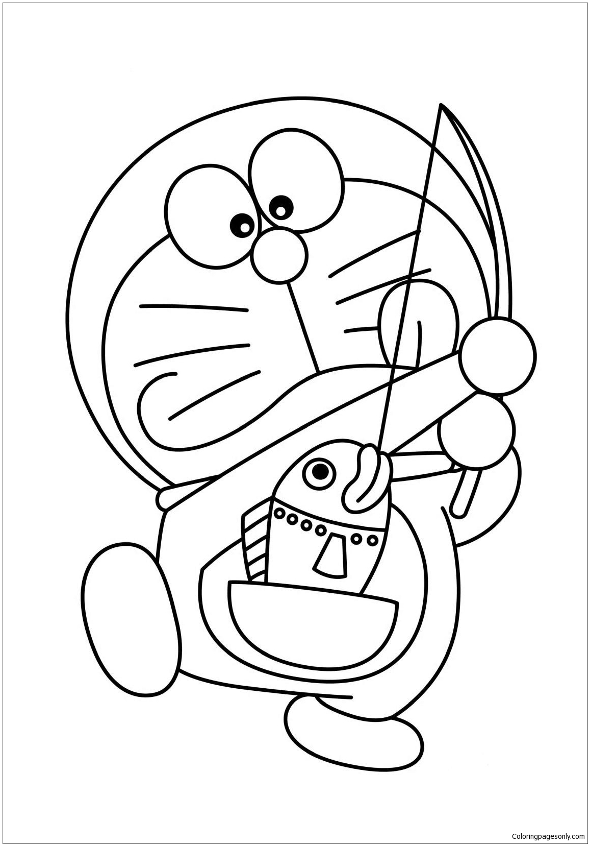 Página para colorir de pesca de Doraemon