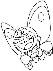 Desenho de Doraemon voando com asas de borboleta de anjo para colorir