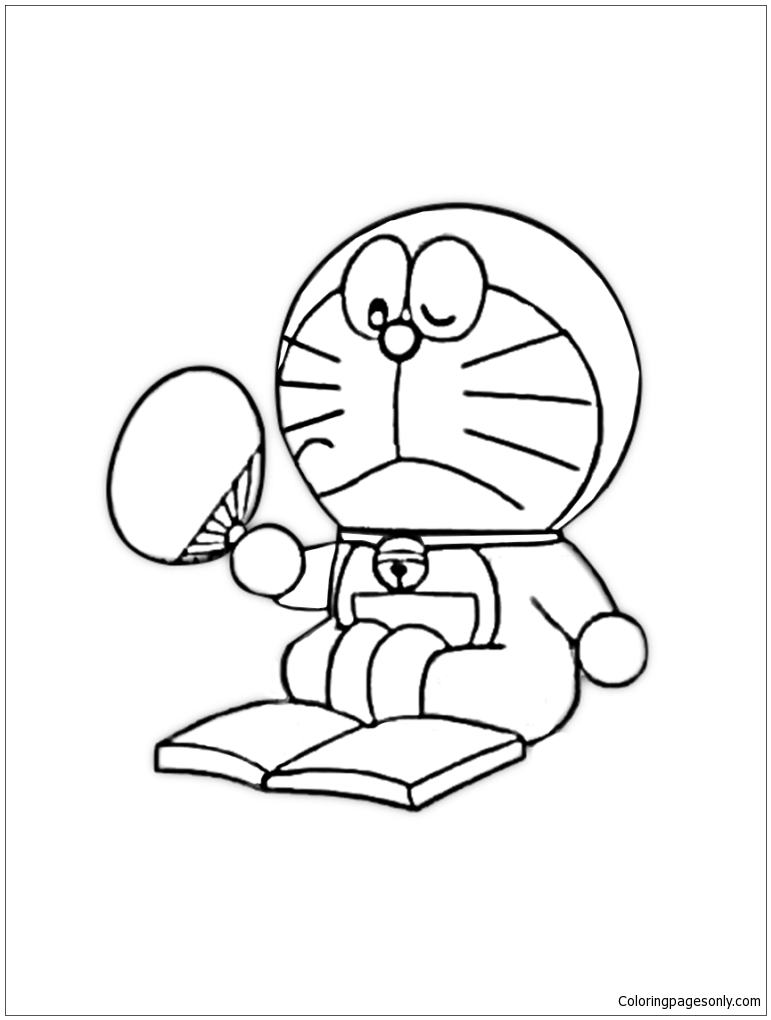 Doraemon está lendo o livro 1 de Doraemon