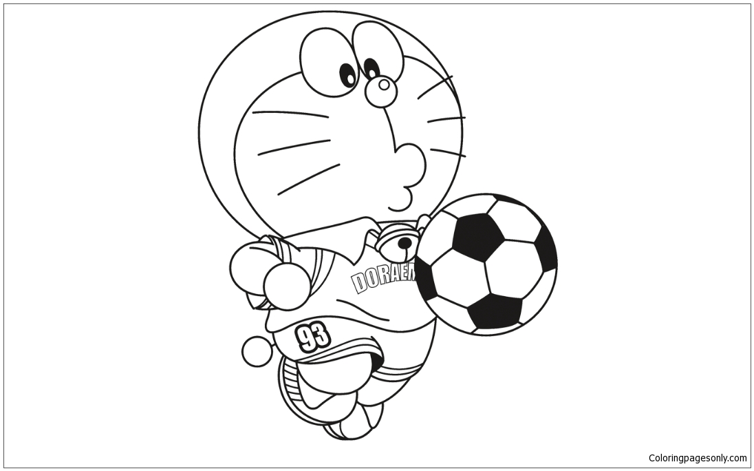 Doraemon speelt voetbal kleurplaat