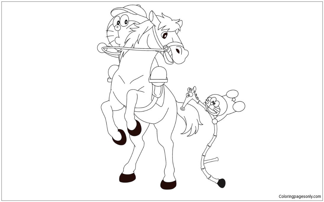 Doraemon With Horse Cute Coloring Pages