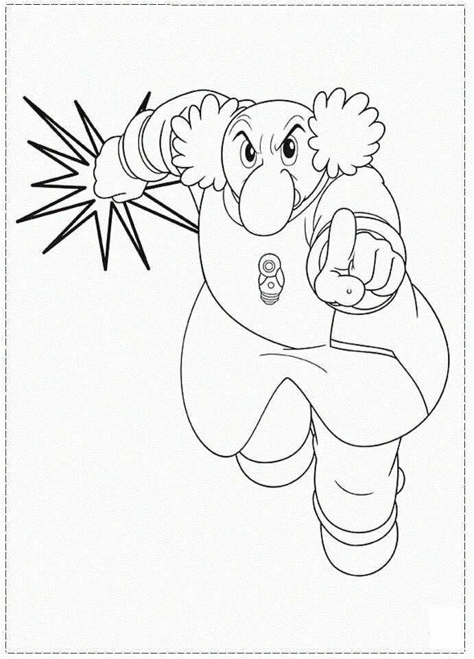Dr. Elefun has a large nose and curly white hair in Astro Boy Film Coloring Pages