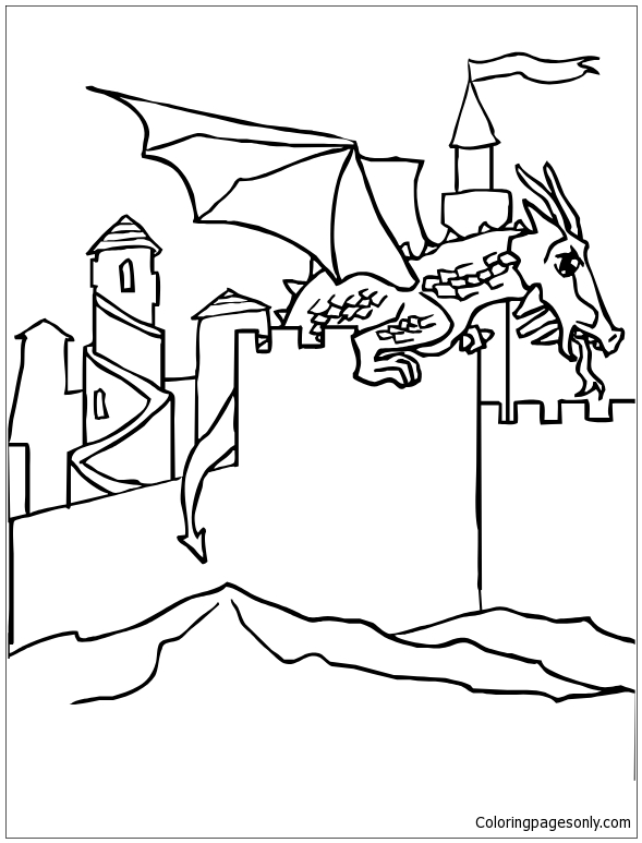 Dragão pousou em um castelo feodal from Dragão