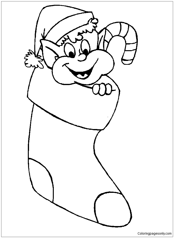 Elf And Candy Cane In A Stocking Coloring Pages