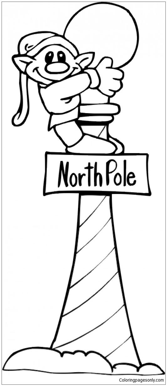 Elf on Light Pole of North Pole Sign and Light from North And South Poles