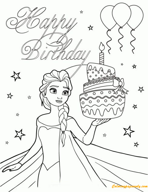 Pagina da colorare di Elsa e torta di compleanno