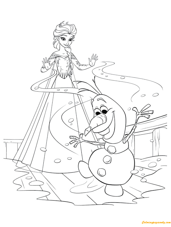 Elsa en Olaf genieten van een warme en zonnige dag Kleurplaat
