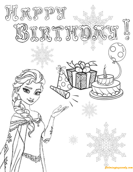Elsa Snowflake presenta la pagina da colorare di compleanno della torta