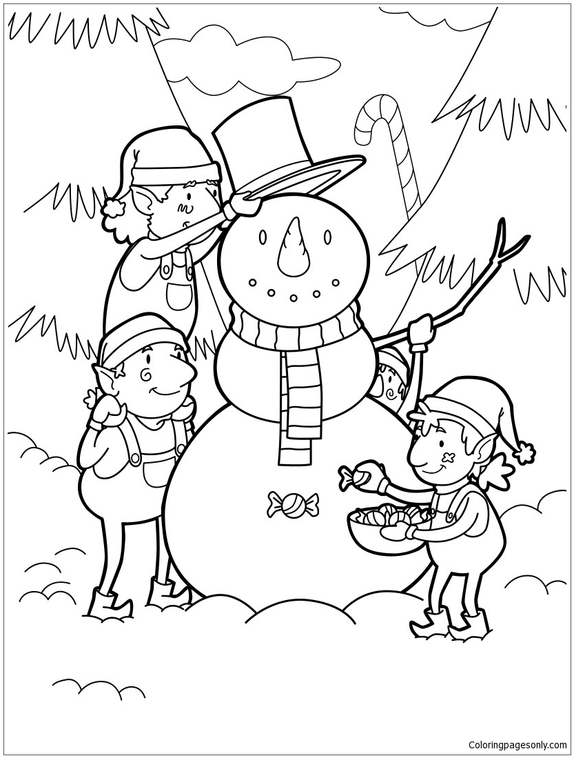 Elfen bauen zu Weihnachten einen Schneemann von Snowman