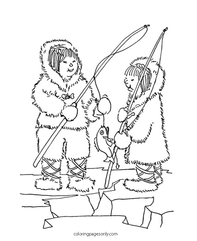 Eskimo man gaat vissen op de noordpool Kleurplaat