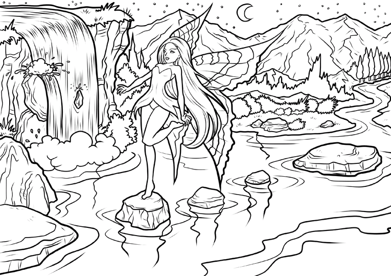 Fairy waterfall Coloring Page