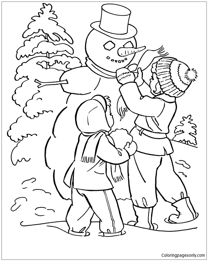 Familly Forest Snowman Winter Coloring Pages