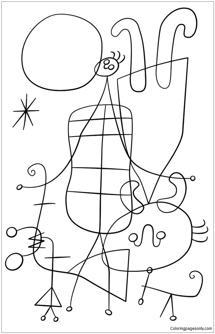 Figures and Dog in Front of the Sun Coloring Page