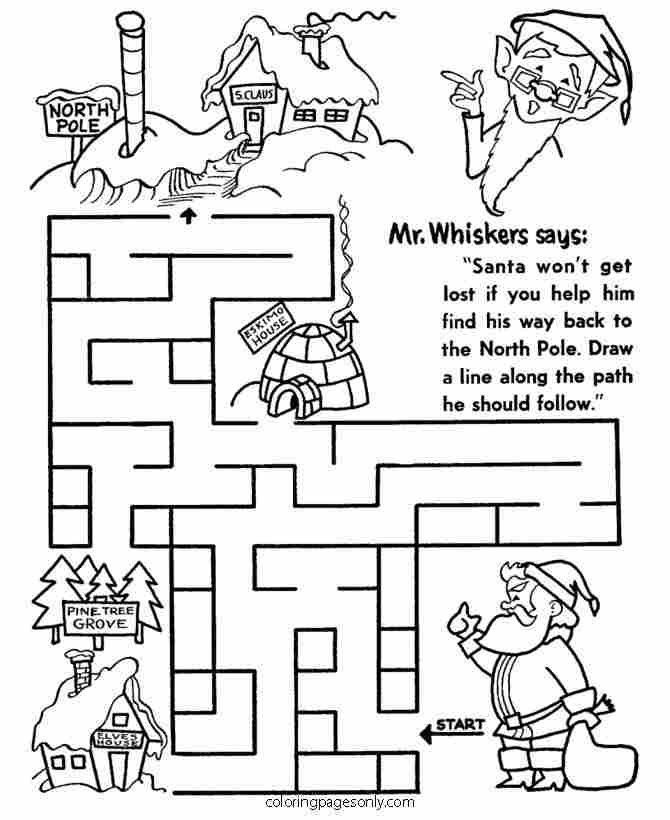 Find the north pole maze sheet – Santa activity sheet Coloring Pages