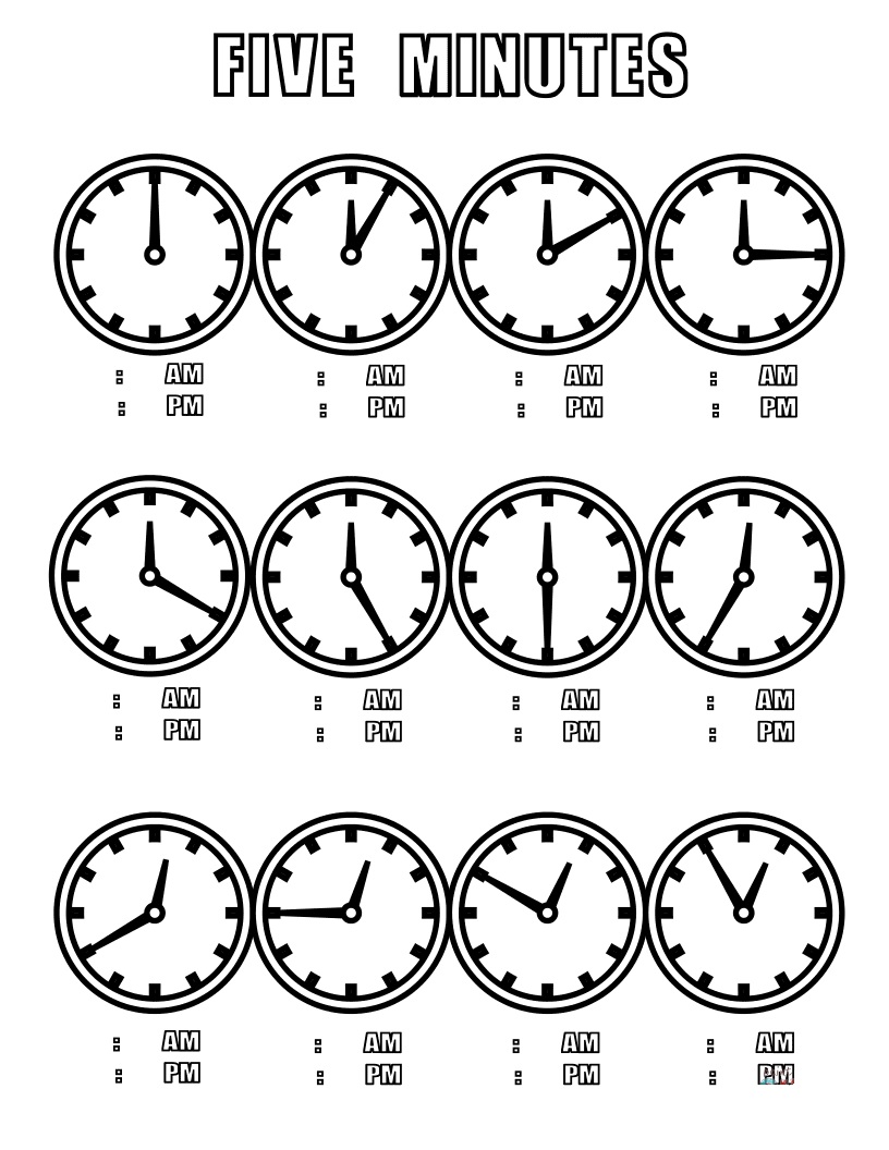 Pagina da colorare dell'orologio di cinque minuti