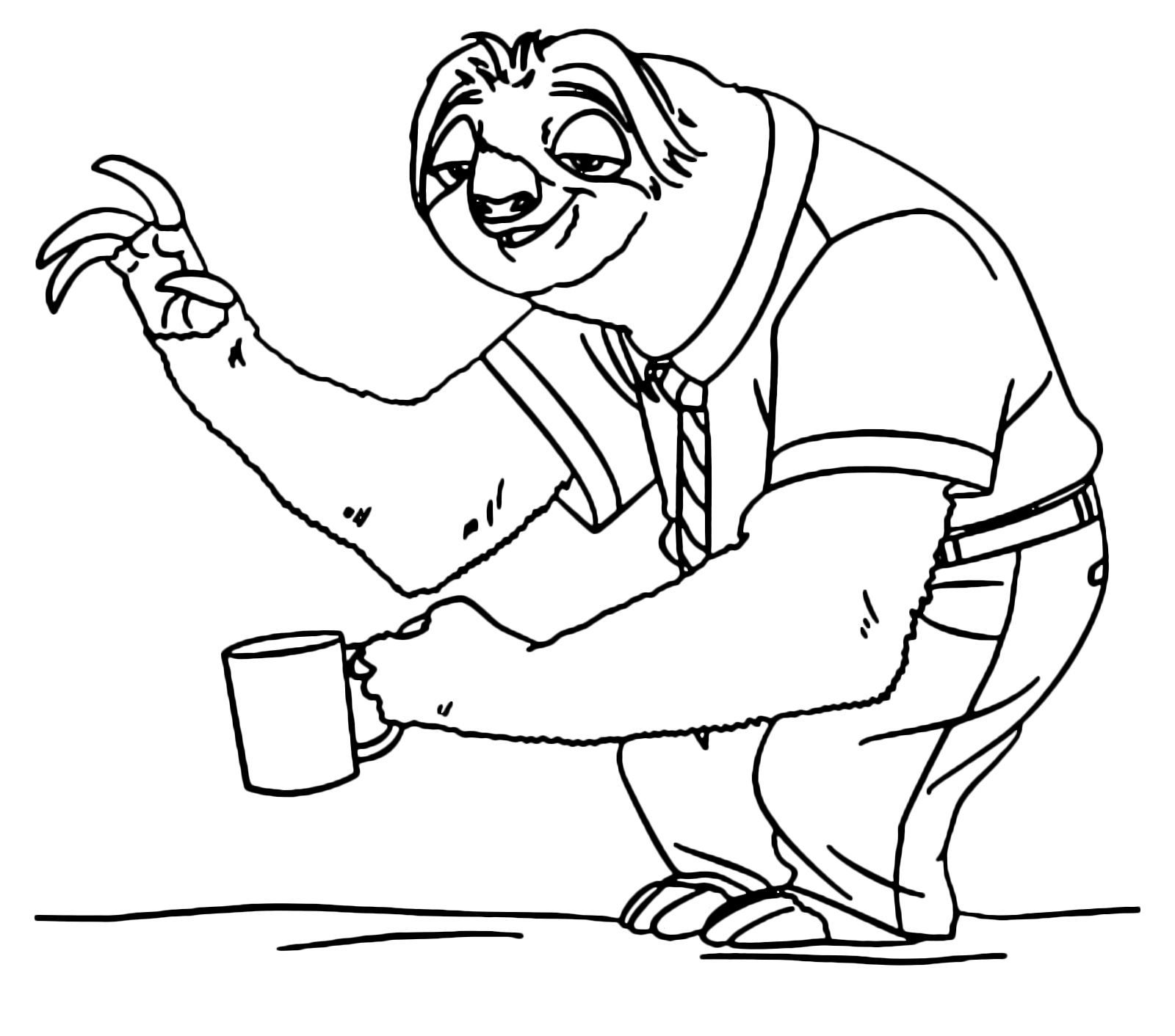 Flash Slothmore saluda con taza en mano Dibujo para Colorear