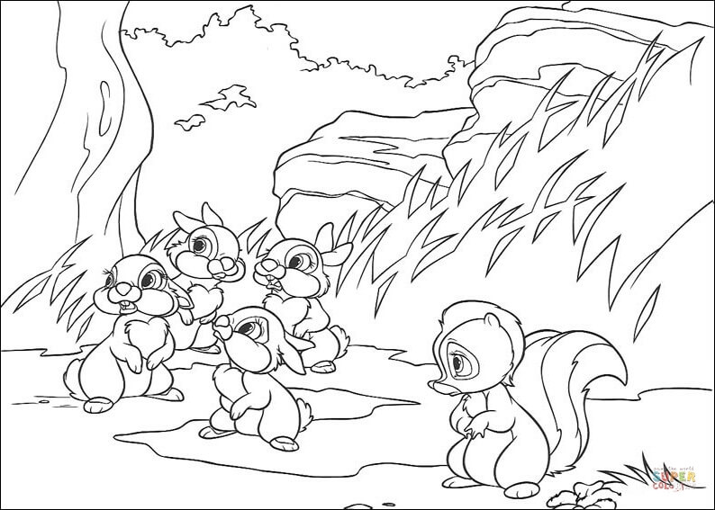 Flower And Rabbits from Bambi Coloring Pages - Bambi Coloring Pages