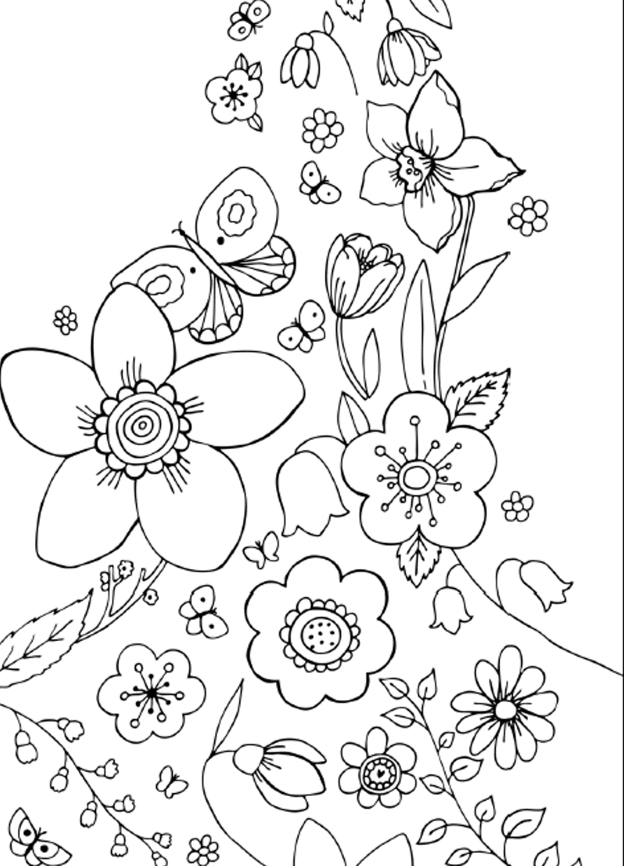 Pagina da colorare di fiori e farfalle primaverili