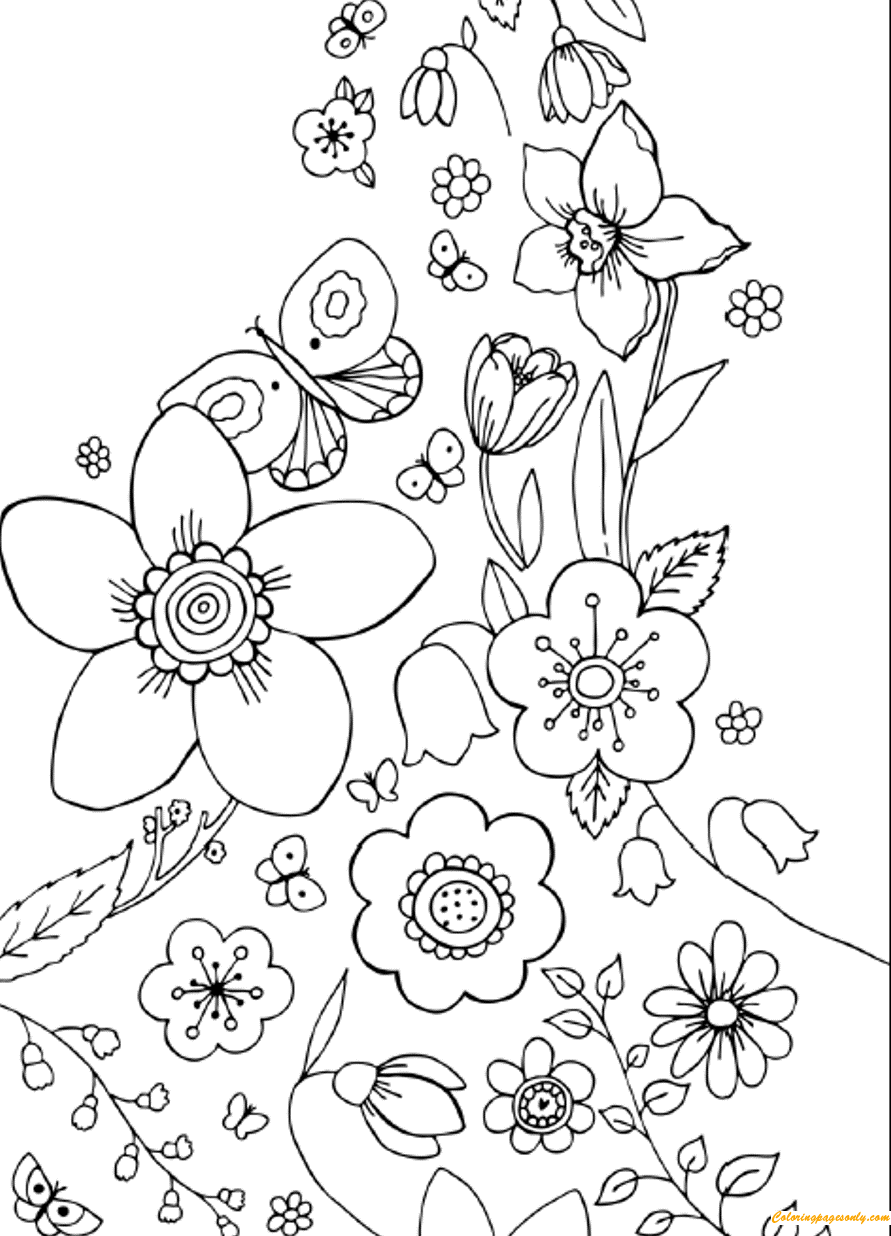 Download Flowers and Butterflies Spring Coloring Pages - Nature & Seasons Coloring Pages - Free Printable ...