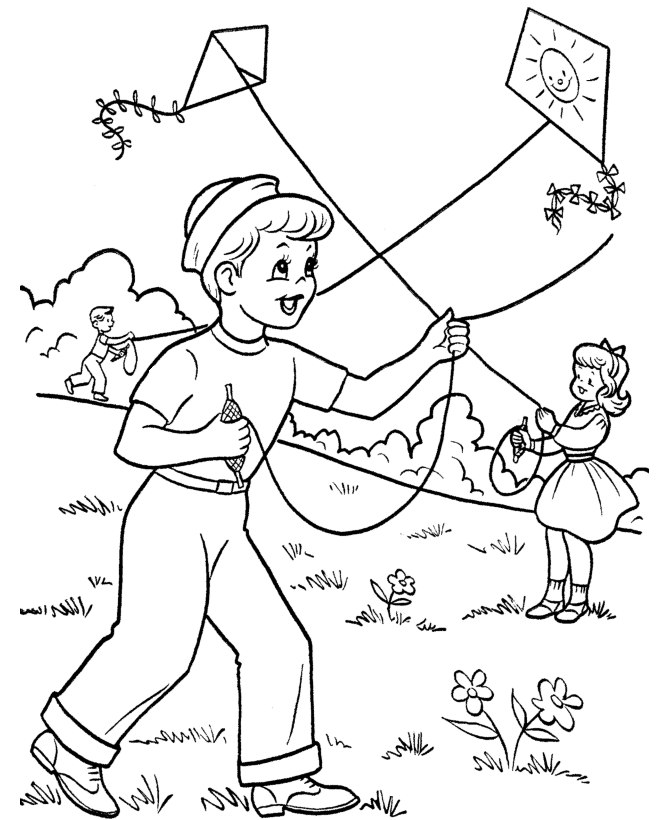Flying Kite in Spring Coloring Page