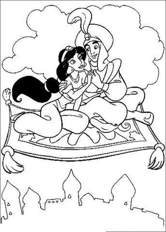 Aladdin and Jasmine on a flying carpet from Aladdin Coloring Page