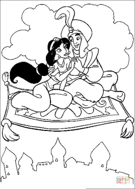 Аладдин и Жасмин на ковре-самолете из раскраски Аладдин