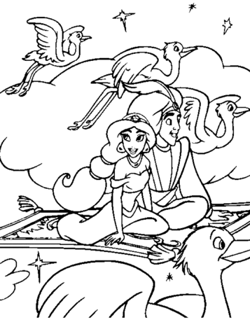 Aladdin and Jasmine in the sky from Aladdin Coloring Page