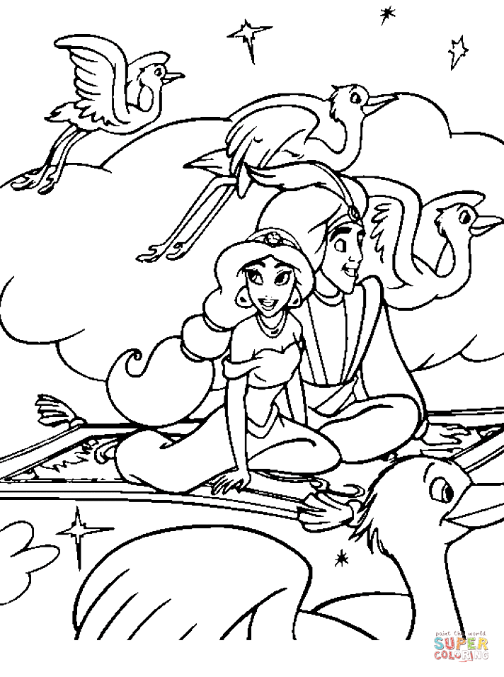Аладдин и Жасмин в небе из раскраски Аладдин