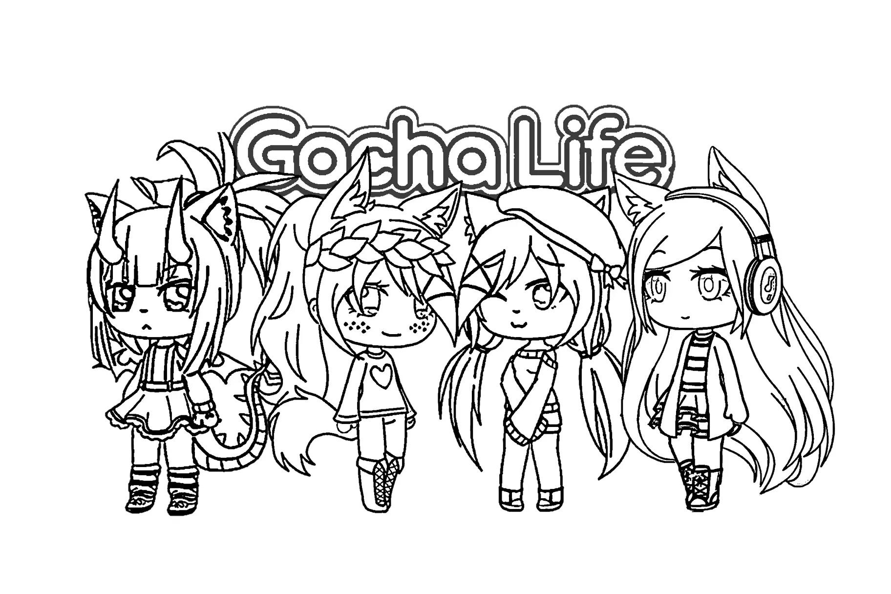 Página para colorear de cuatro chicas en Gacha Life