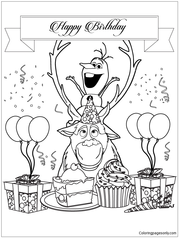 Desenho de personagens congelados Olaf e Sven feliz aniversário para colorir