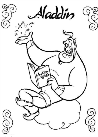 Genio leyendo el libro de Aladdin Coloring Page