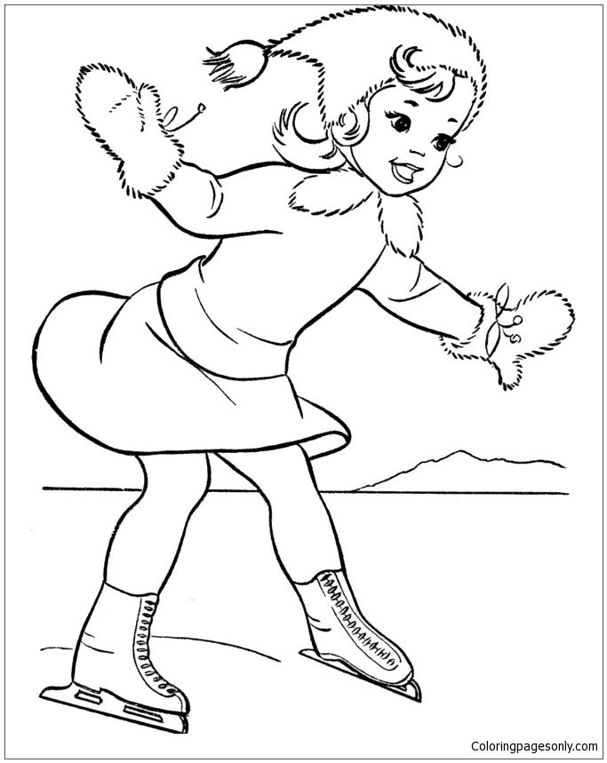 Girl are playing rollerblading in the winter Coloring Pages