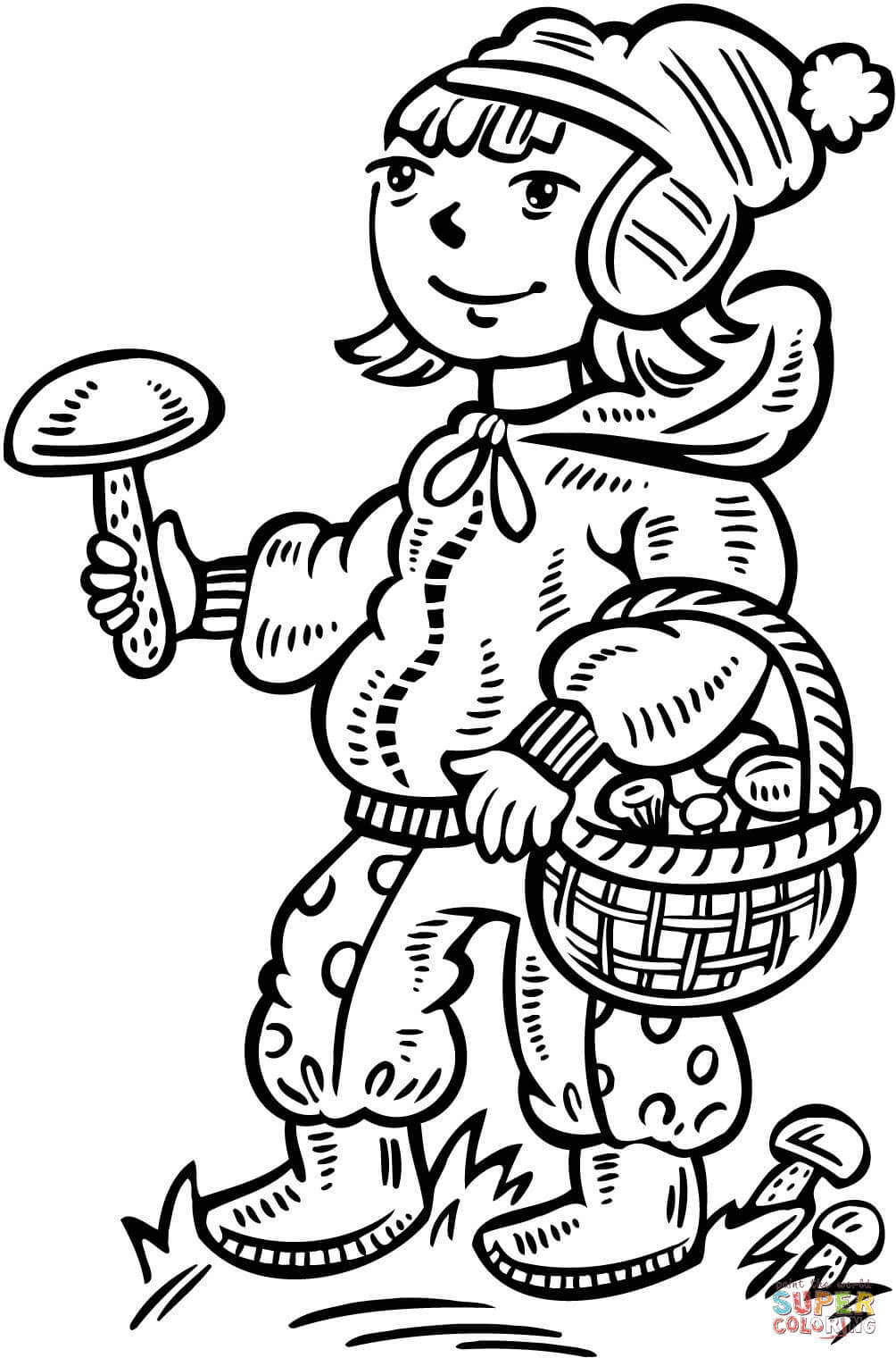 Girl Collecting Mushrooms from Fall