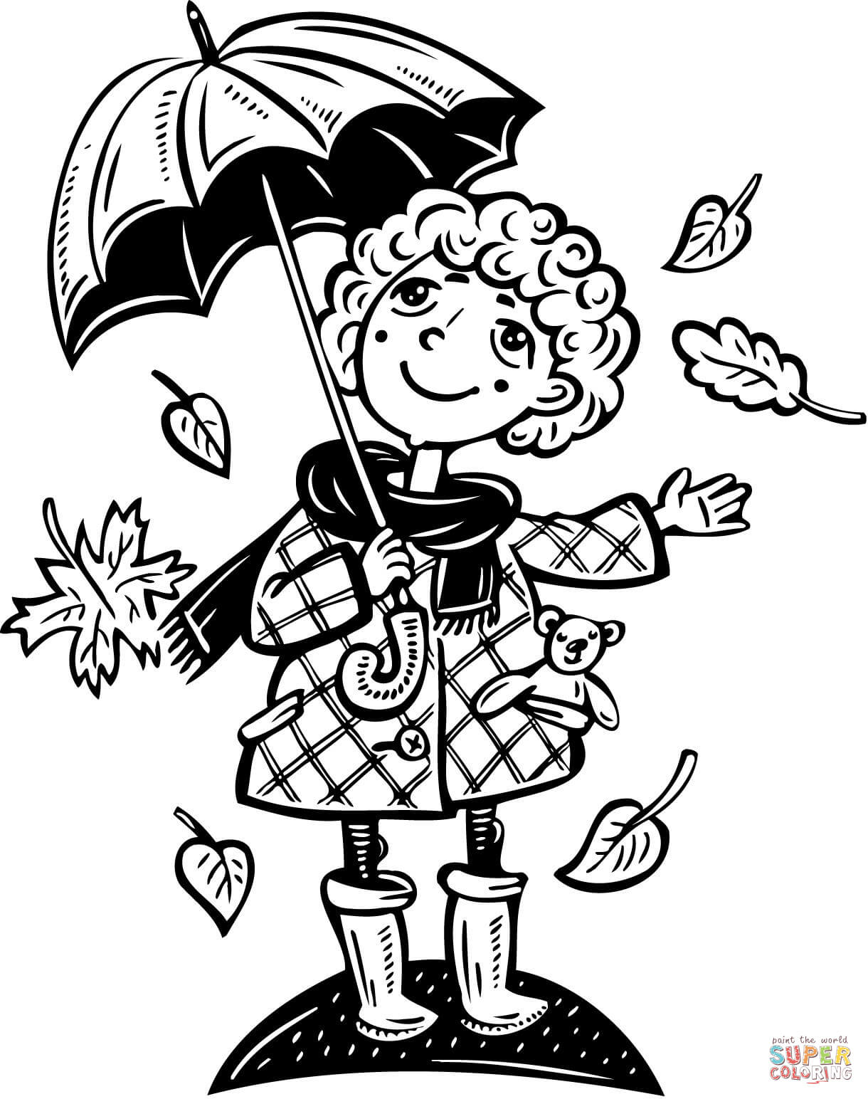 Mädchen hält einen Regenschirm mit fallenden Blättern im Herbst