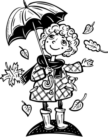 Girl Holding an Umbrella with Leaves Falling Coloring Pages