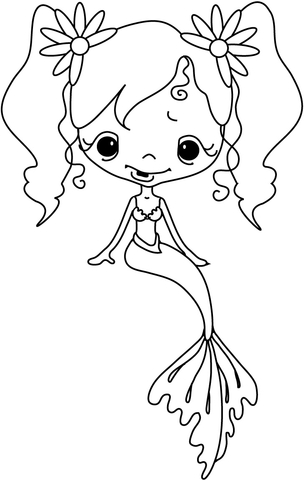 Desenho de menina sereia usando flor de grampo de cabelo para colorir