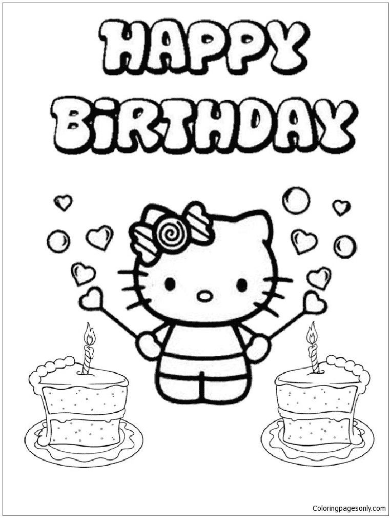 Happy Birthday Hello Kitty 2 Coloring Pages