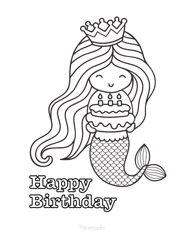 Раскраска русалка с днем ​​рождения