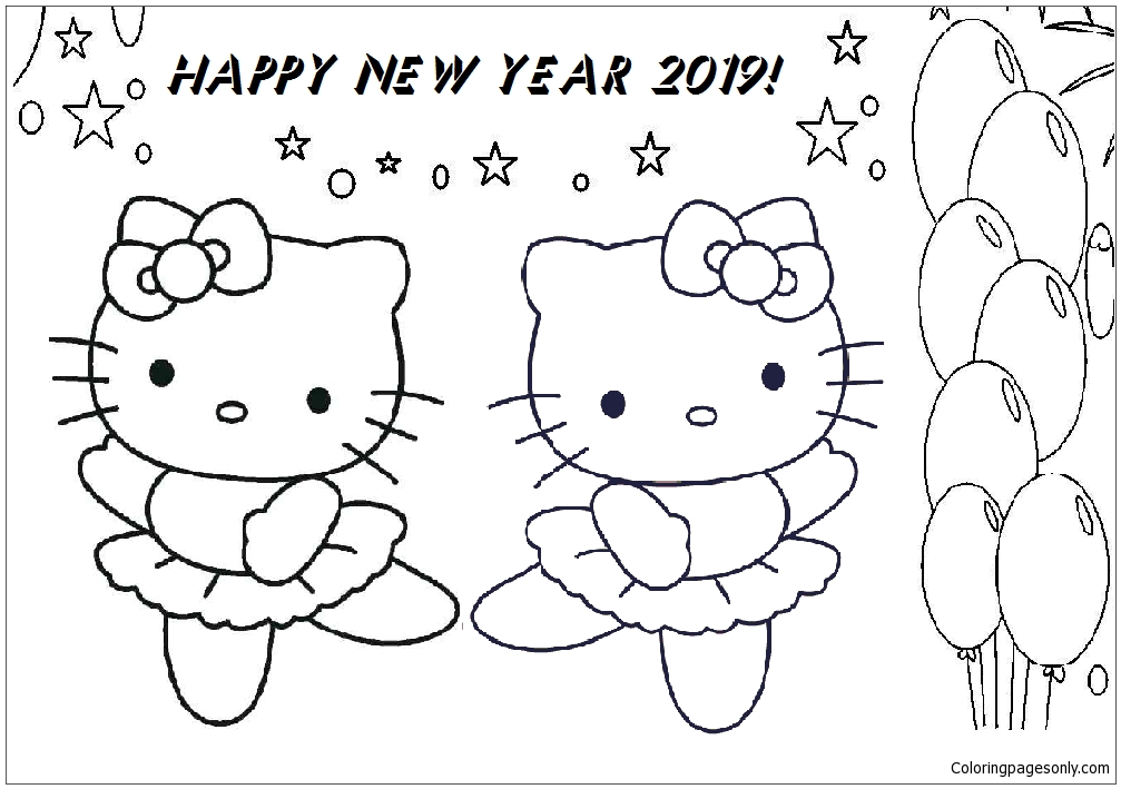 Happy New Year Hello Kitty And Mimmy Coloring Pages