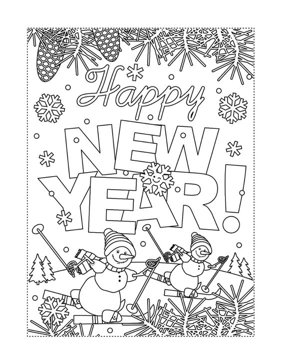 Happy New Year With Snow Man Coloring Page