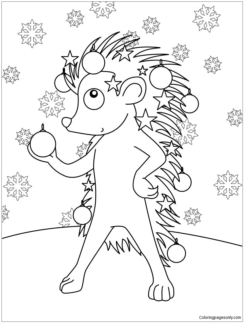 Hedgehog Decorated For Christmas Coloring Page