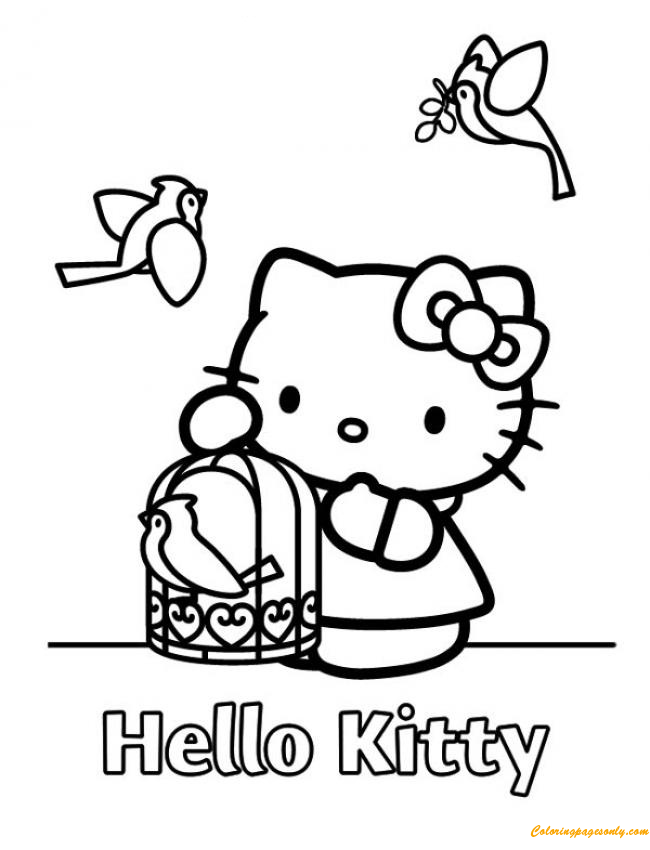 Hello Kitty And A Birdcage Coloring Page
