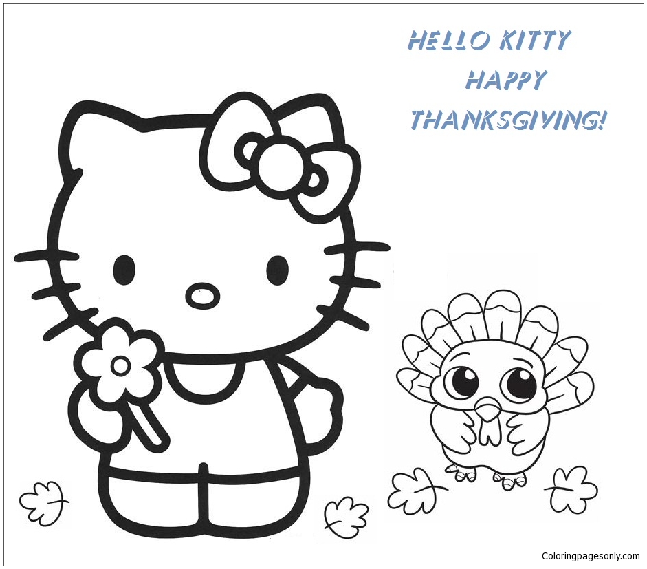 Hello Kitty And Baby Turkey Happy Thanksgiving Coloring Pages