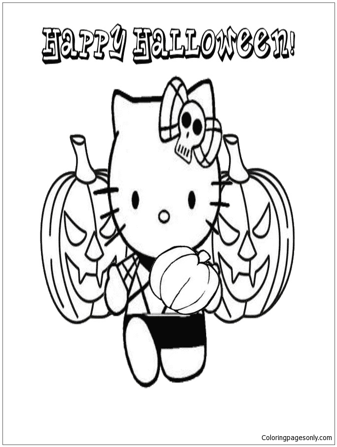 Desenhos para colorir Hello Kitty Halloween com a sua abobora.