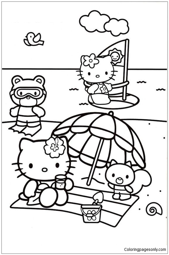 Hello Kitty And Her Friends At The Beach Coloring Pages Cartoons 