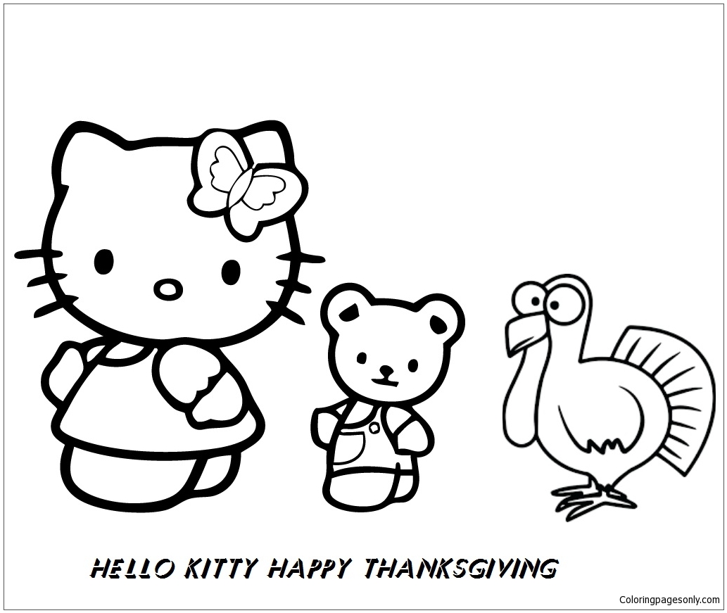 Hello Kitty e seus amigos feliz dia de ação de graças para colorir