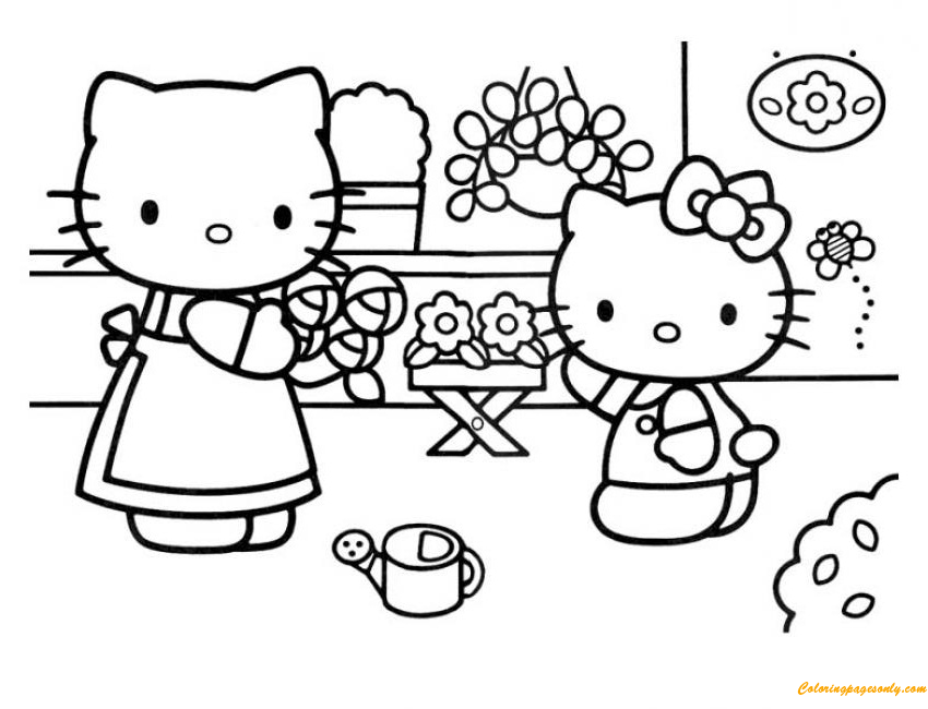 Hello Kitty And Her Mother Care Flower Coloring Page