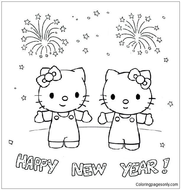 Hello Kitty And Mimmy Happy New Year Coloring Pages - Cartoons Coloring
