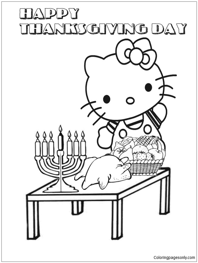 Hello Kitty met Thanksgiving-feestje Kleurplaat